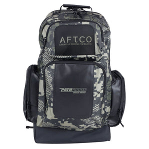 A black and green camouflage fishing backpack with multiple compartments, featuring the AFTCO and Pathfinder logos on the two main pockets. 