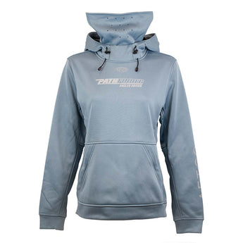 Light blue hoodie with a front pocket, adjustable hood, and built-in neck gaiter. Featuring the pathfinder logo in white across the chest. 