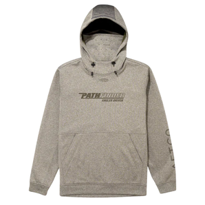 A light tan aftco reaper hoodie with a tan pathfinder logo across the chest. 