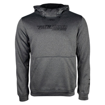 Gray pullover hoodie with a front pocket and a black pathfinder logo across the chest. 