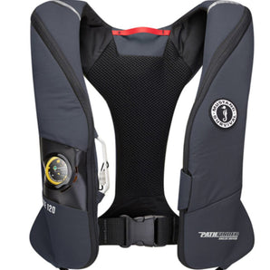A grey Inflatable life vest with white pathfinder logo on the bottom corner of the left side. 