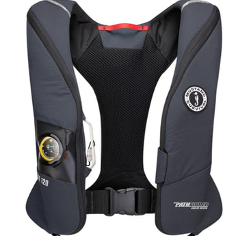 A grey Inflatable life vest with white pathfinder logo on the bottom corner of the left side. 
