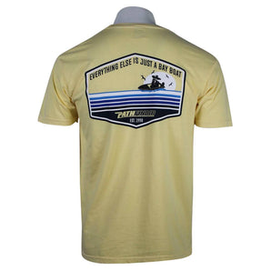 Yellow t-shirt with a graphic design featuring a boat and the text 'Everything Else Is Just A Bay Beat' on the back.