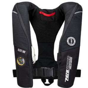 Front of a black inflatable life vest with a buckle closure and a white pathfinder logo on the left side. 