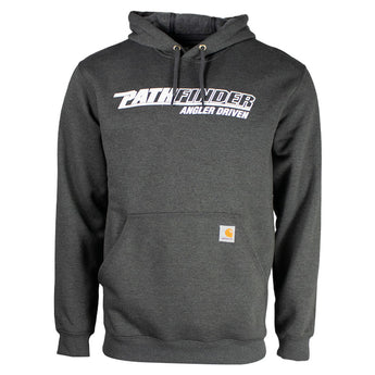 Gray hoodie with a white 'Pathfinder Angler Driven' printed logo on the front.