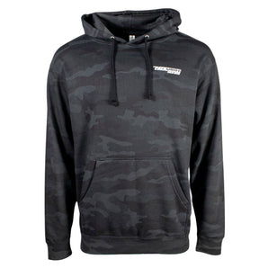 Black camouflage hoodie with a front pocket and drawstring hood. Printed on the left chest is the pathfinder logo. 