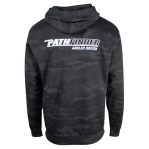 Black camo hoodie with 'Pathfinder Angler Driven' printed on the back.