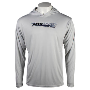 Front of a light grey hooded performance long sleeve with a navy blue pathfinder logo on the chest. 