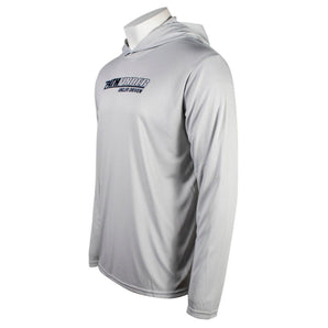 Side of a light grey performance hooded long sleeve with a navy pathfinder logo across the chest. 