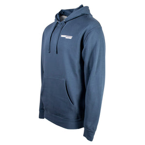 Navy blue hoodie with a front pocket and logo on the chest.