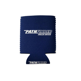 Navy blue drink koozie with 'PATHFINDER ANGLER DRIVEN' logo in white across the front and bottom. 
