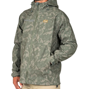 Man wearing a green camo jacket with a hood and the pathfinder logo embroidered in grey on the chest. 