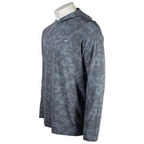 Side of a grey camo performance hooded long sleeve.