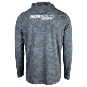 Back of a grey camo performance hooded long sleeve with the pathfinder logo on the shoulder blades in white. 