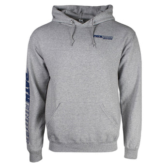 Gray hoodie with a navy pathfinder logo on the chest and text on the sleeve.