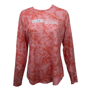 Long-sleeve pink shirt with a dark pink floral design and the pathfinder logo printed in white across the chest. 