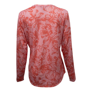 Back view of a light pink long-sleeve shirt with dark pink floral details. 