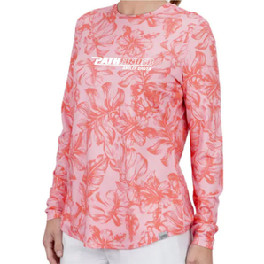 Woman wearing a long-sleeve pink shirt with a dark pink floral design and the pathfinder logo printed in white across the chest. 