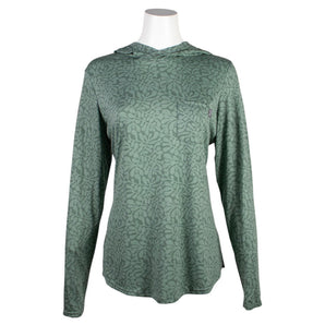 Front of a green hooded long sleeve with a plant pattern. 