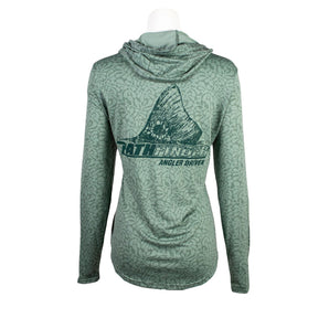 Back of a green hooded long sleeve with a floral pattern and a fish tail design on the back with the pathfinder logo. 