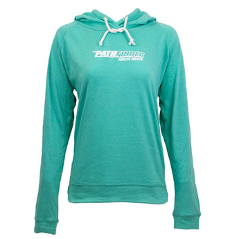 Mint green hoodie with white drawstrings and a white pathfinder logo across the chest.