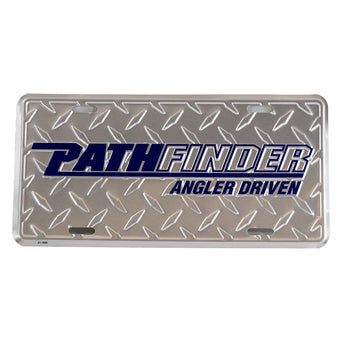 Metal license plate with the text 'PATHFINDER ANGLER DRIVEN' in blue.