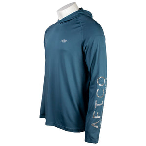 Side of a dark teal hooded long sleeve with a grey patterned AFTCO logo on the sleeve.