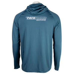 A dark teal hooded long sleeve with a white pathfinder logo across the shoulders. 