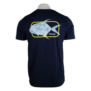Navy t-shirt featuring a camouflage fish design on the back in a yellow rectangle, featuring the pathfinder logo in the corner. 