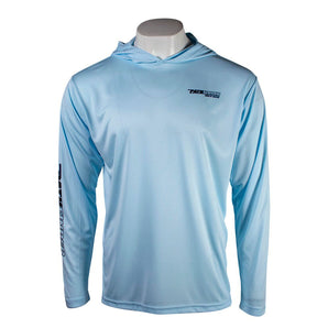 Light blue performance hooded long sleeve from the front, with a blue pathfinder logo on the chest.