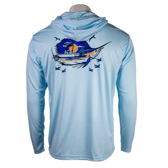 Light blue performance hooded long sleeve from the back, with a blue and orange illustration on the shoulder blades.
