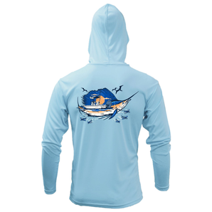 Back of a light blue hooded long sleeve with a blue and orange graphic of a swordfish and boat surrounded by birds and planes. 