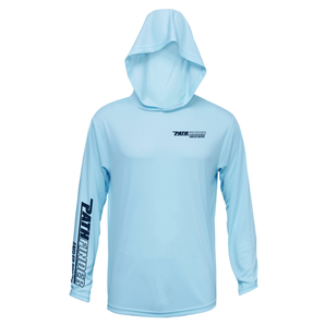Front of a light blue hooded long sleeve with the pathfinder logo in navy blue on the left chest and right sleeve. 