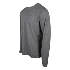 Side of a gray long-sleeve shirt with a chest pocket.