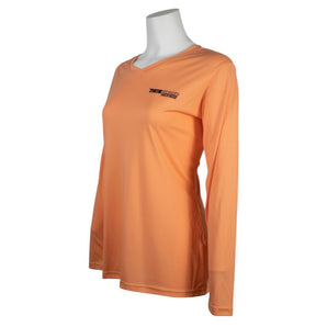 Side of an orange performance long sleeve with a navy pathfinder logo on the left chest. 