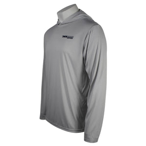 Side of a light grey hooded long sleeve with a navy pathfinder logo on the left chest. 