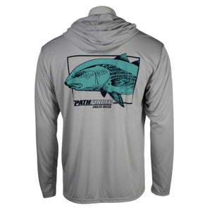 Back of a light grey hooded long sleeve with a teal fish graphic and a navy pathfinder logo.