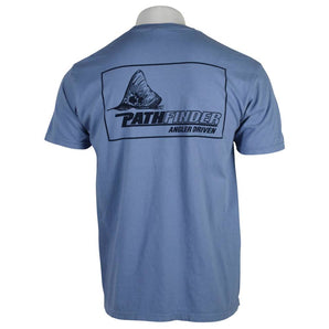 Light blue T-shirt featuring a fish graphic and text 'Pathfinder Angler Driven' on the back.
