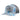 A blue camo trucker hat with a grey mesh back and a rectangular white patch on the front containing a fish and pathfinder logo.