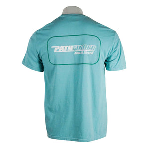 Back view of a teal t-shirt with the word 'PATHFINDER' printed on it.