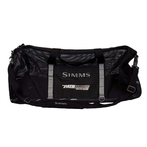 A black Simms duffel bag with mesh sides and adjustable straps, featuring the simms logo and pathfinder logo.
