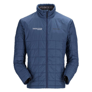 A blue insulated jacket with a zip front and quilted pattern.