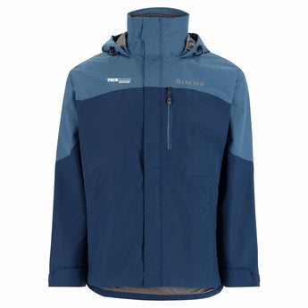 Front of a two-tone blue fishing jacket with a grey simms logo on the left chest and a white pathfinder logo on the right chest. 