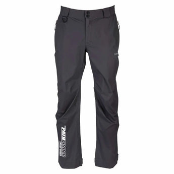 Front of a pair of grey rain pants with the pathfinder logo on the right shin. 