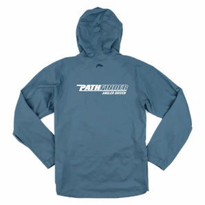Back of a slate blue rain jacket with the pathfinder logo in white across it.