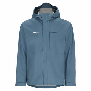 Front of a slate blue rain jacket with the pathfinder logo in white on the right chest.