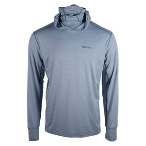 A light blue hooded long-sleeve with a small simms logo on the chest.