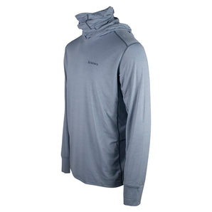 Light blue long-sleeve shirt with a hood and neck gaiter. 