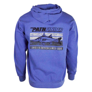 Back view of a bright blue hoodie featuring a graphic of a fish with the text 'Pathfinder, angler driven since 1998'.