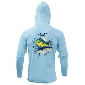 Back of a light blue hooded long sleeve with a graphic of two large fish underwater, with the sun and two birds above them.